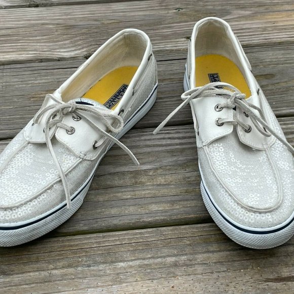 Shoes - Sperry Top-sider Women Boat Shoes White Sequin Shoes Lace Up Size 12 Women